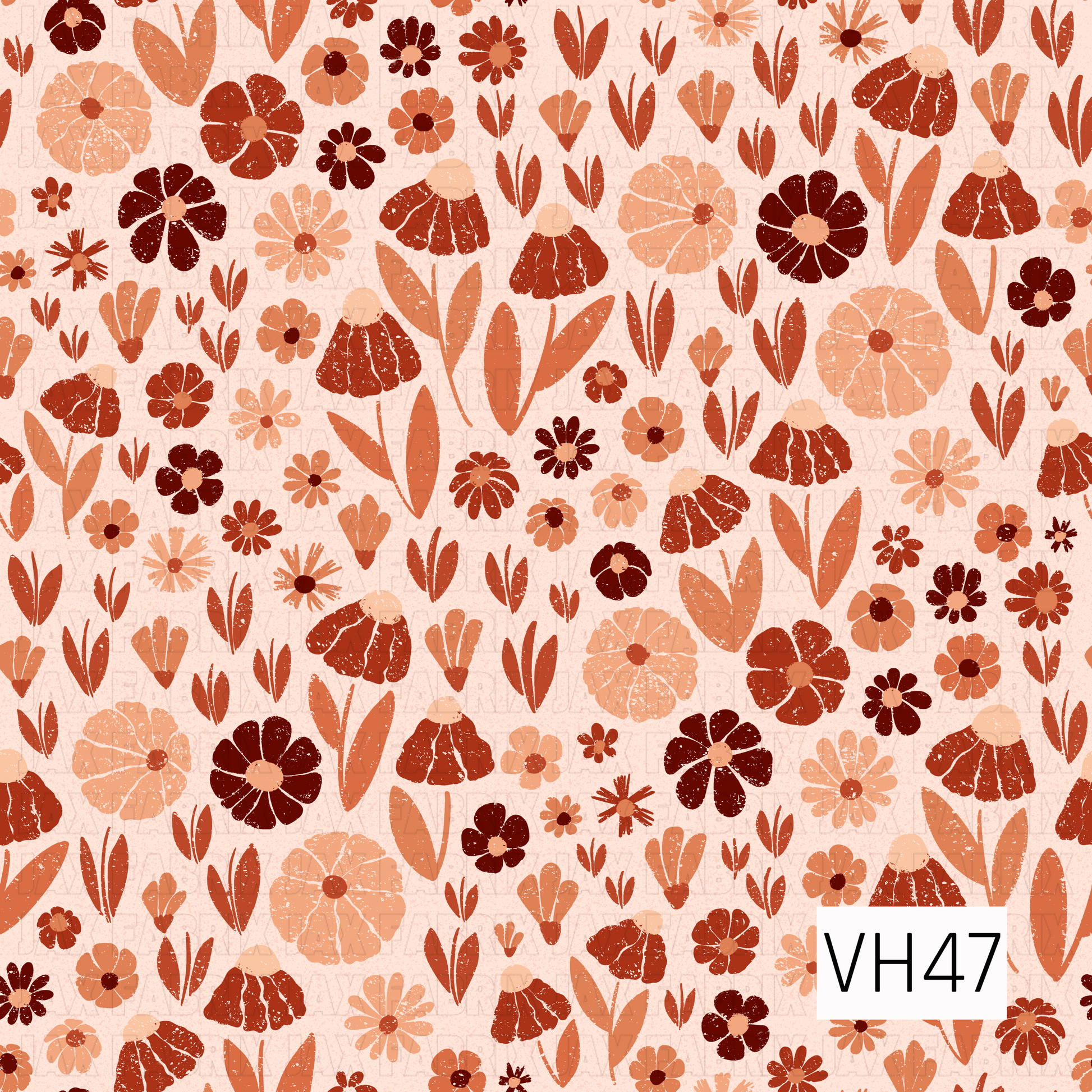 Dense retro floral design featuring a mix of hand-drawn flowers, leafy sprigs, and abstract blooms in warm rust, terracotta, peach, and deep burgundy tones on a soft cream background.
