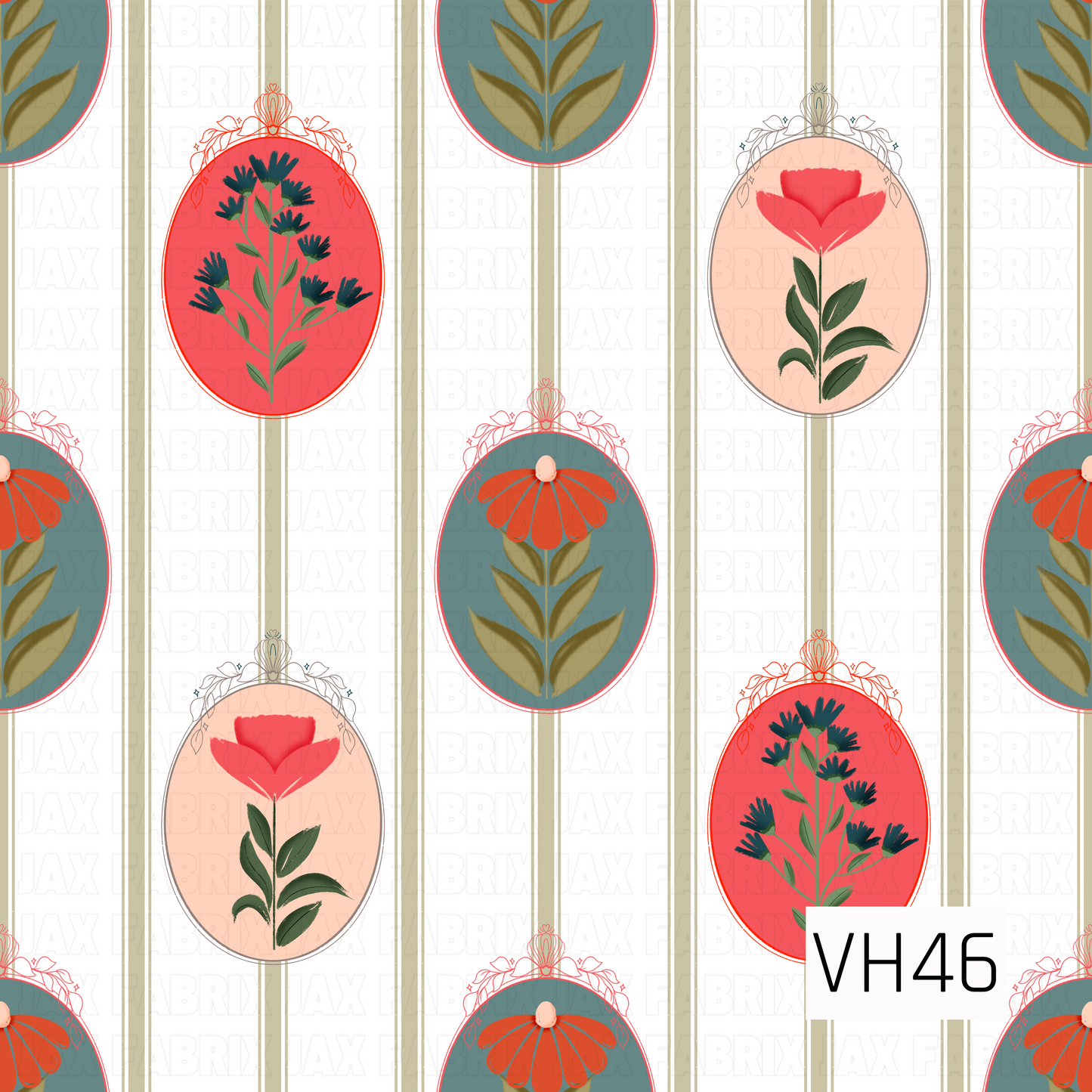 Vintage-inspired botanical pattern featuring oval framed florals in coral, teal, blush, and deep green, arranged between delicate vertical stripes on a soft cream background.
