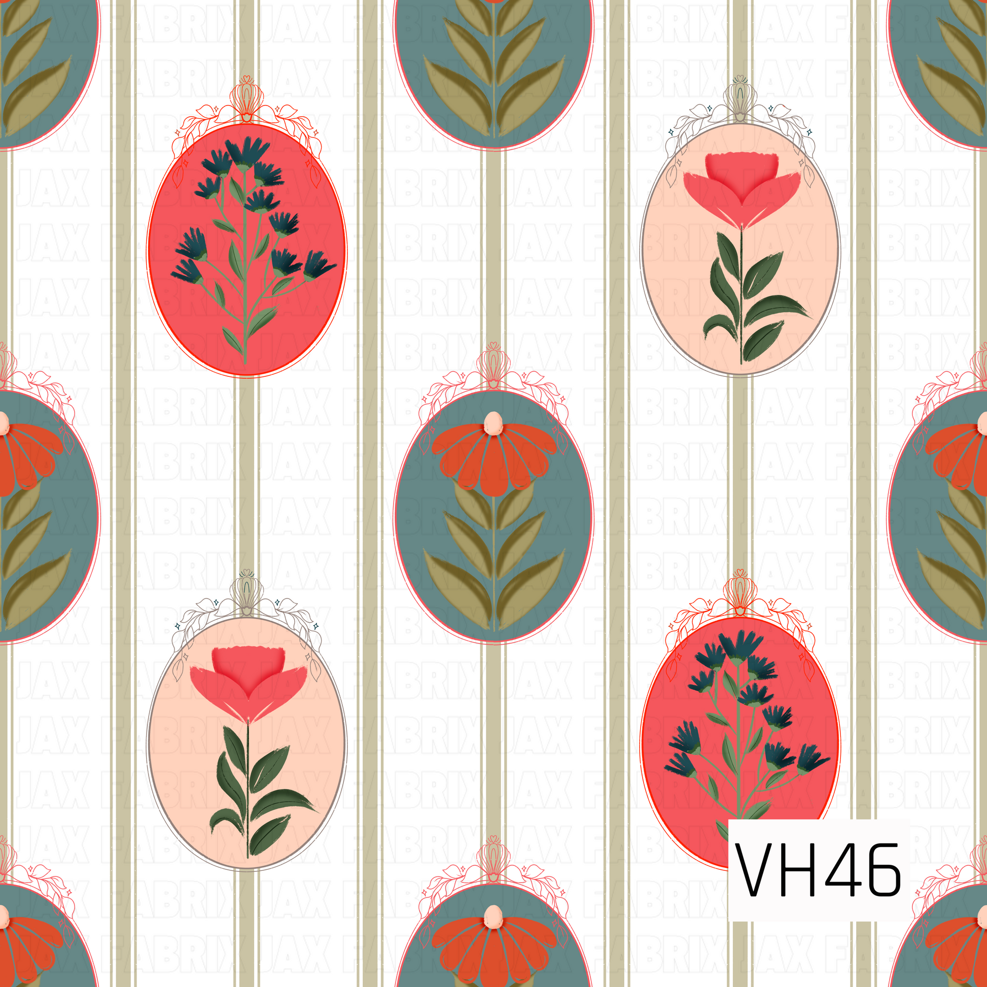 Vintage-inspired botanical pattern featuring oval framed florals in coral, teal, blush, and deep green, arranged between delicate vertical stripes on a soft cream background.
