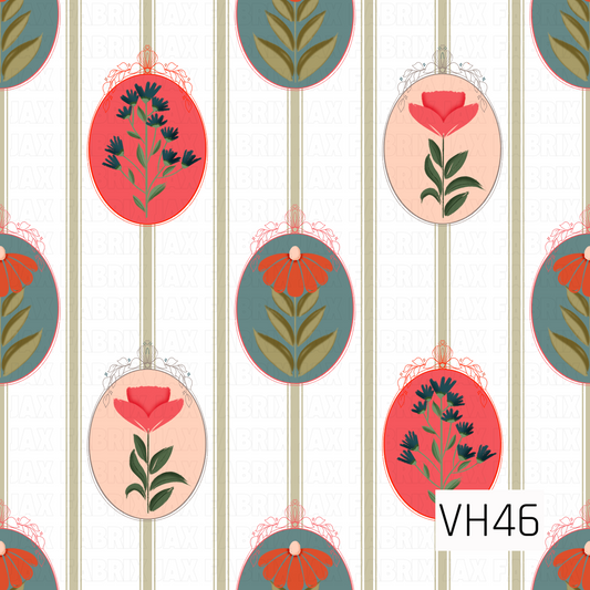 Vintage-inspired botanical pattern featuring oval framed florals in coral, teal, blush, and deep green, arranged between delicate vertical stripes on a soft cream background.
