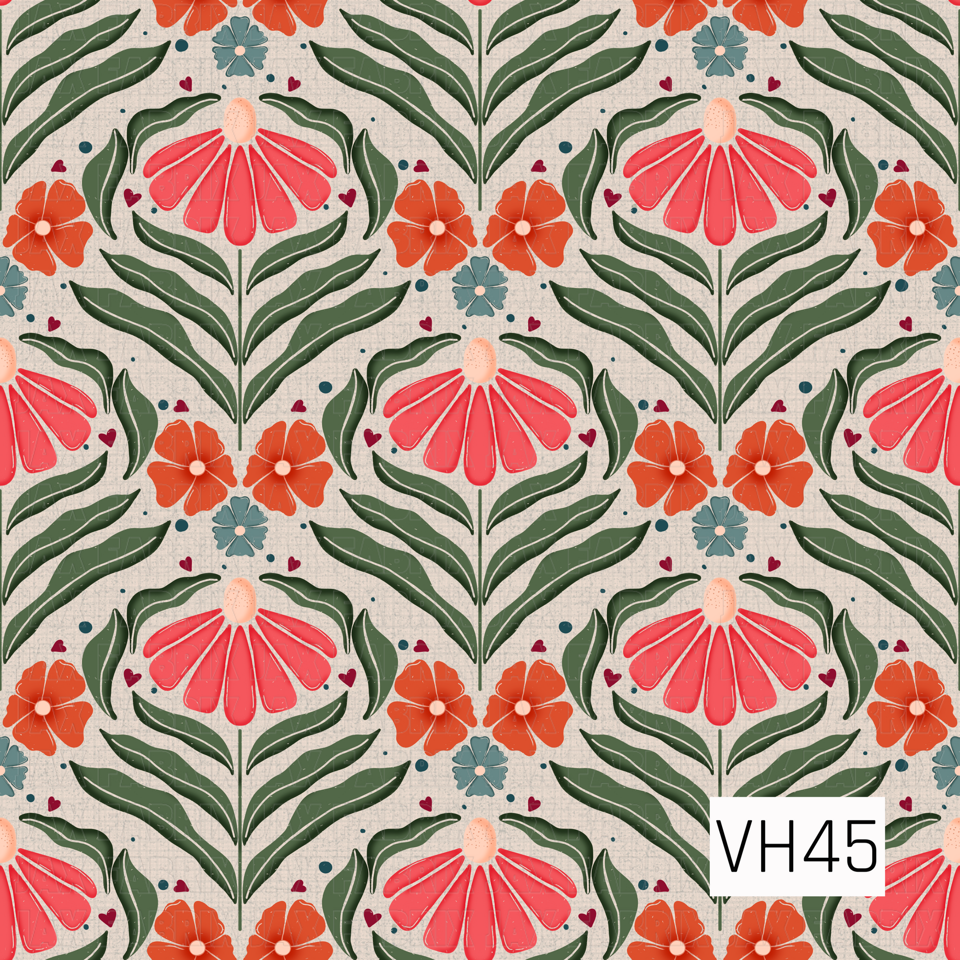 Bold folk-inspired floral pattern featuring large coral pink blooms, bright orange and dusty blue flowers, deep green leafy stems, and tiny heart accents on a textured cream background.
