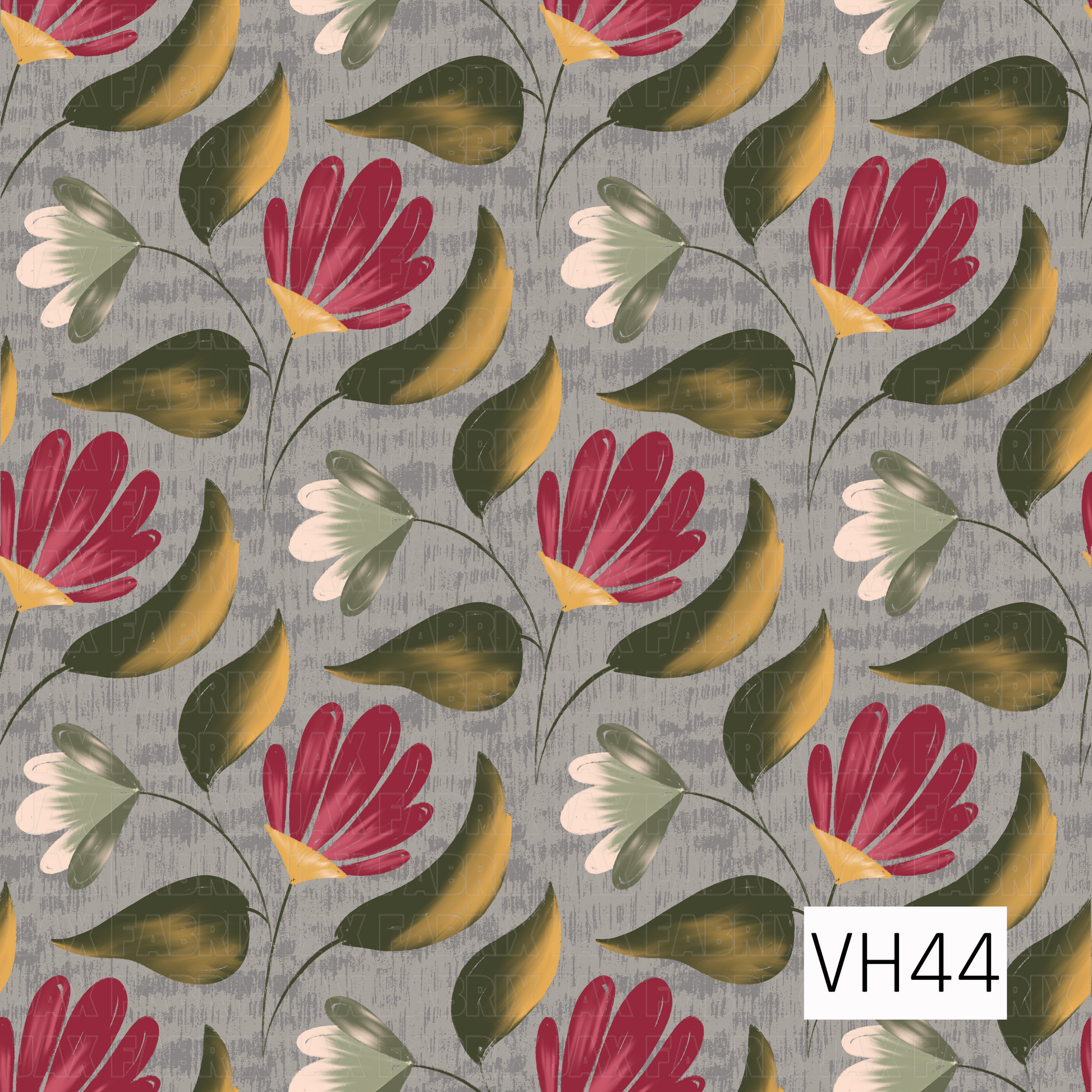 Bold vintage floral pattern featuring deep crimson and soft cream blooms, dark olive leaves with golden accents, and flowing stems against a textured gray background.

