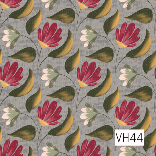 Bold vintage floral pattern featuring deep crimson and soft cream blooms, dark olive leaves with golden accents, and flowing stems against a textured gray background.
