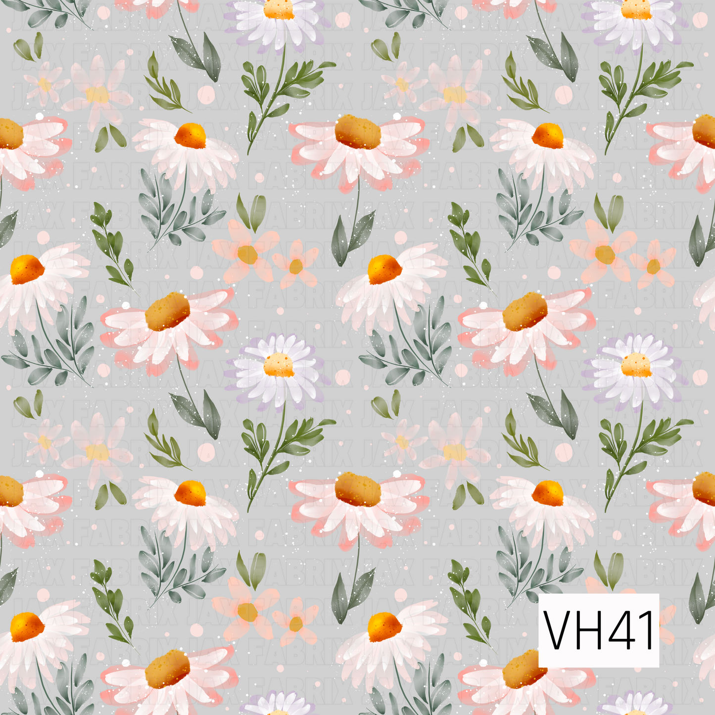 Soft watercolor floral pattern featuring white and blush daisies, delicate peach flowers, leafy green sprigs, and subtle lavender accents scattered across a light gray background.
