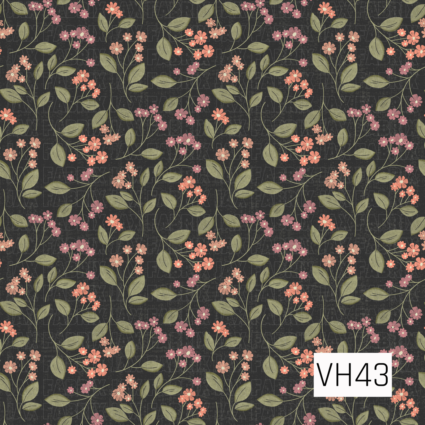 Delicate vintage floral pattern featuring small coral, blush, and dusty pink blooms with muted olive green leaves and winding stems against a dark charcoal background.
