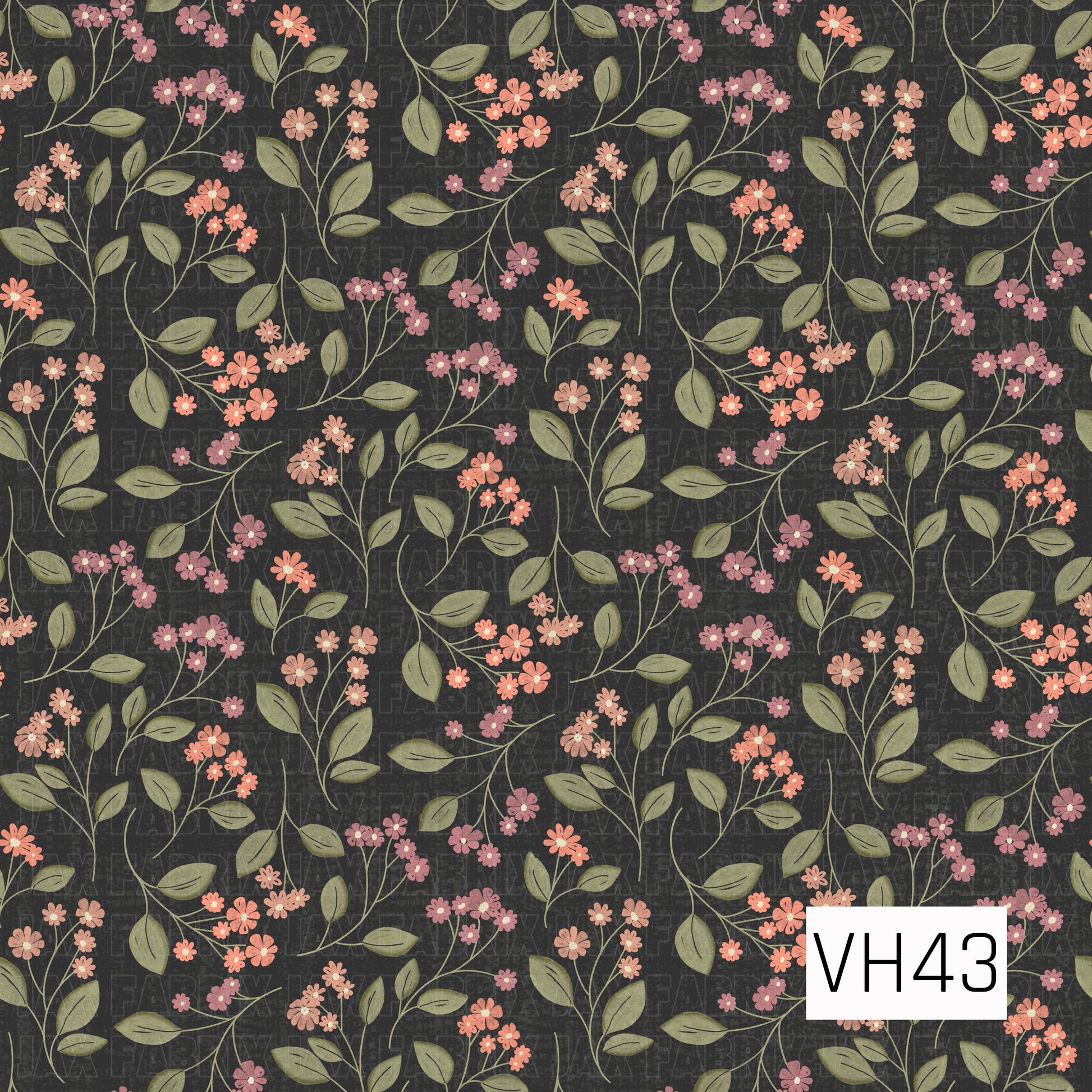 Delicate vintage floral pattern featuring small coral, blush, and dusty pink blooms with muted olive green leaves and winding stems against a dark charcoal background.
