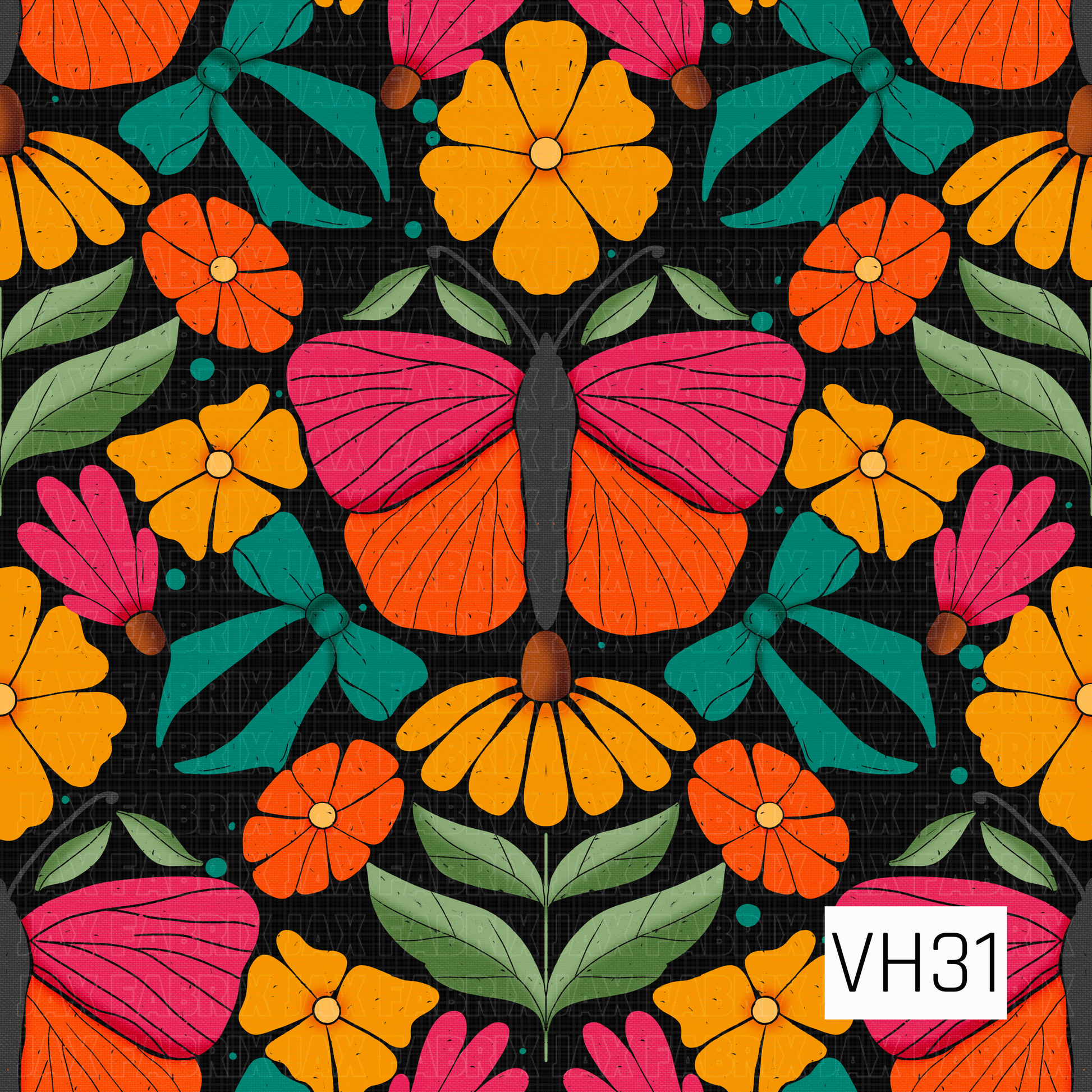 A bold butterfly pattern featuring vibrant pink and orange butterflies surrounded by bright yellow and coral florals, soft green leaves, and botanical accents on a black background. The colorful, symmetrical design creates a whimsical look with a modern folk art feel.
