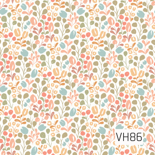 A whimsical seamless botanical pattern featuring loosely hand-painted flowers, leaves, berries, and delicate stems. Soft coral, peach, dusty blue, sage green, and warm golden tones create a playful, organic floral design against a creamy background.
