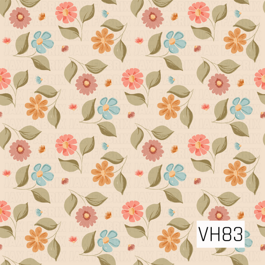A charming seamless floral pattern featuring hand-drawn daisy-like blooms, scattered leaves, and tiny floral accents. Coral, dusty rose, soft blue, warm orange, and muted olive green create a playful vintage-inspired palette against a creamy beige background.
