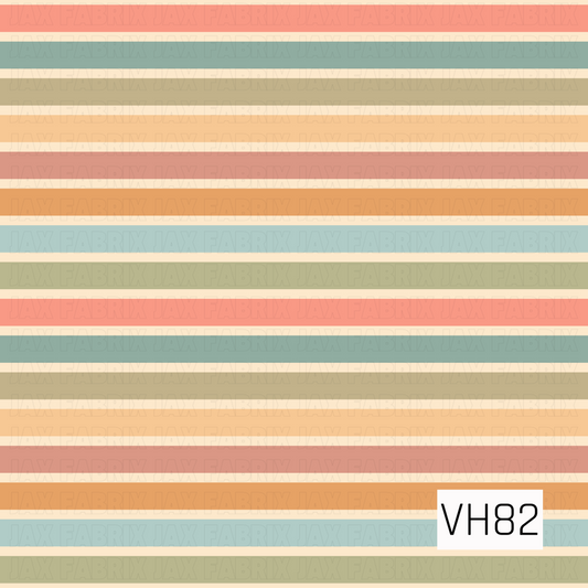 A retro seamless stripe pattern featuring horizontal bands in coral, dusty teal, muted olive, golden orange, soft peach, and cream. The varying stripe widths and warm muted palette give the design a playful vintage-inspired feel.
