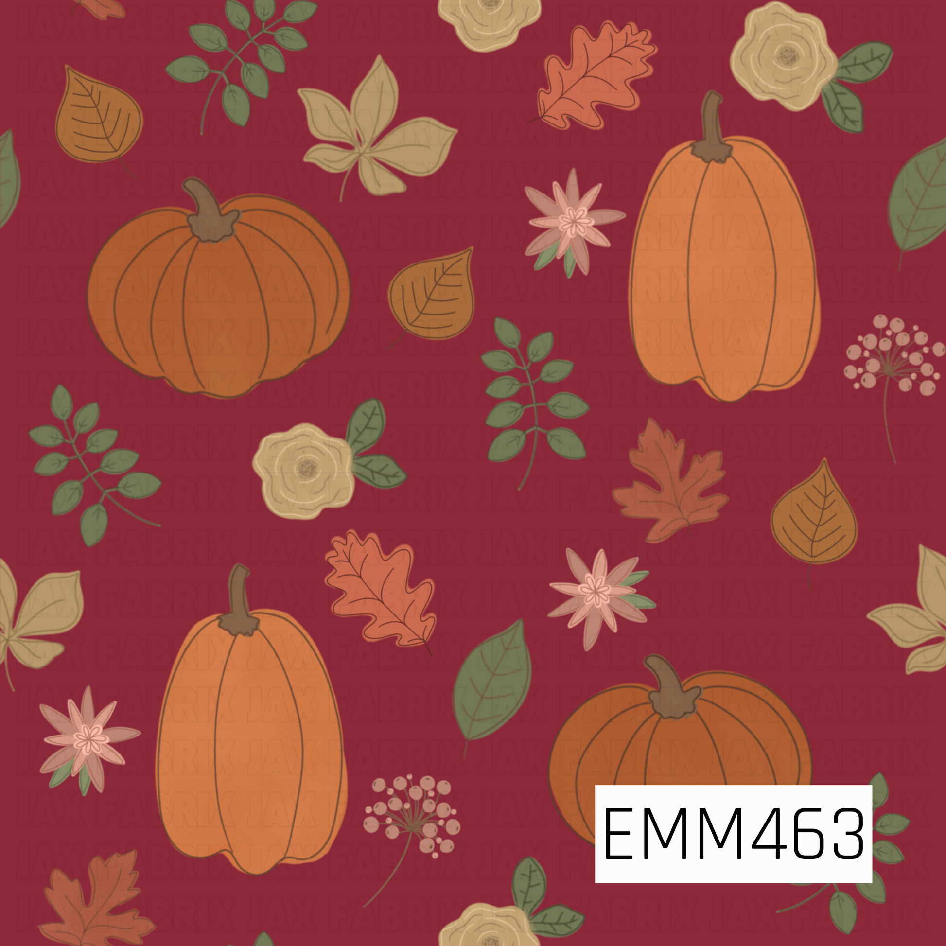 A cozy, hand-drawn autumn pattern featuring warm orange pumpkins, colorful fall leaves, delicate flowers, berries, and leafy sprigs in muted earthy tones against a rich cranberry-red background.
