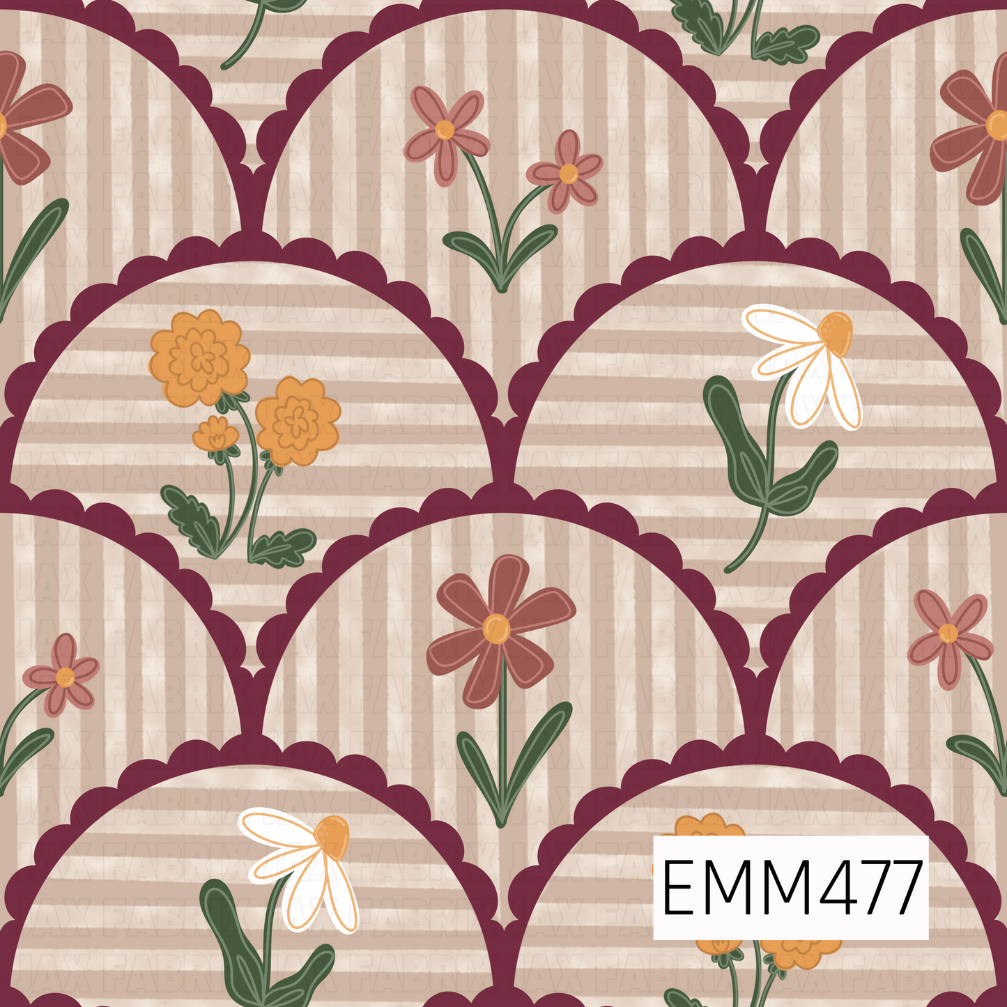 A whimsical hand-drawn pattern featuring burgundy scalloped arches filled with alternating vertical and horizontal cream-and-beige stripes, accented with dusty-rose, golden-orange, and white wildflowers with deep green foliage.
