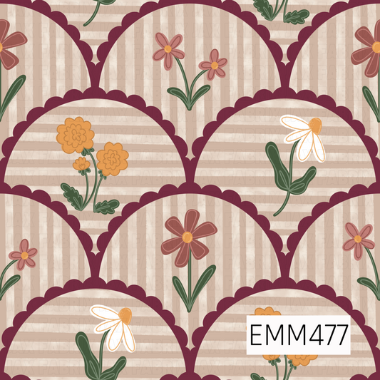 A whimsical hand-drawn pattern featuring burgundy scalloped arches filled with alternating vertical and horizontal cream-and-beige stripes, accented with dusty-rose, golden-orange, and white wildflowers with deep green foliage.
