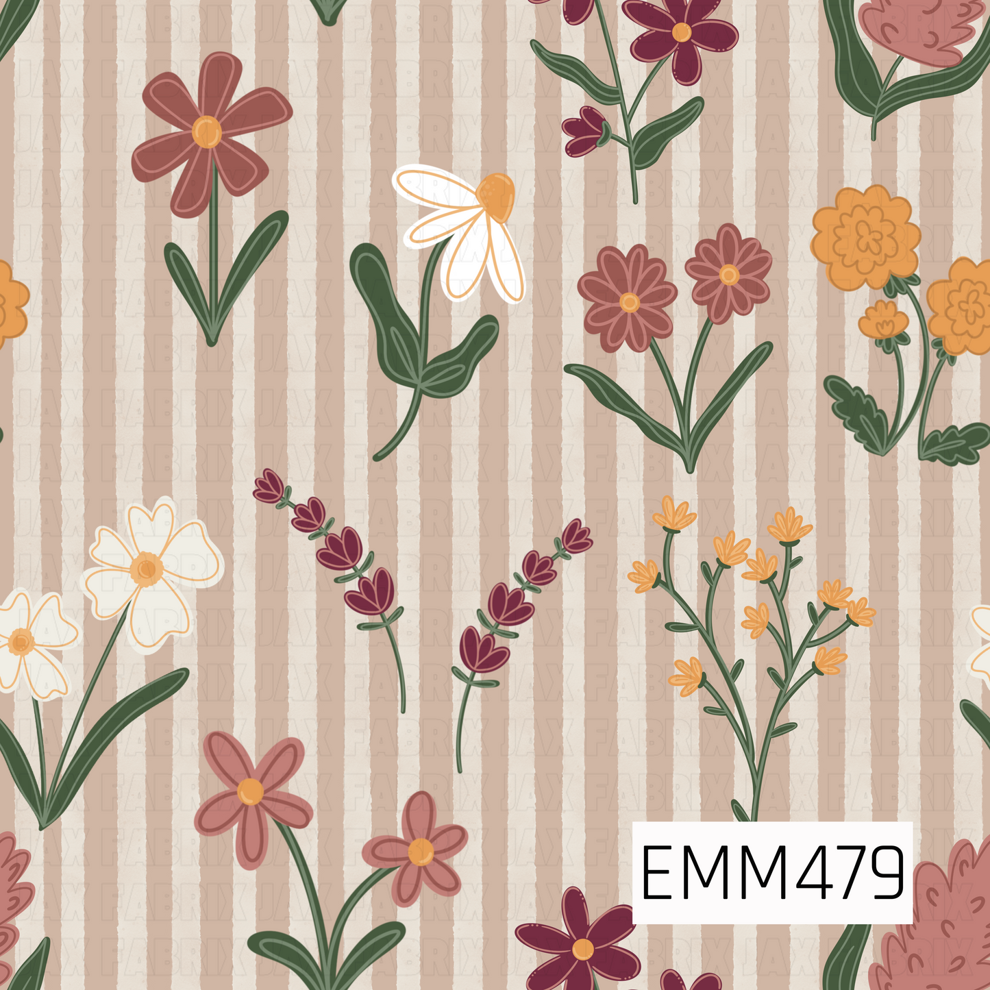 A whimsical hand-drawn wildflower pattern featuring burgundy, dusty-rose, golden-orange, and white blossoms with deep green foliage, scattered across textured cream-and-beige vertical stripes.
