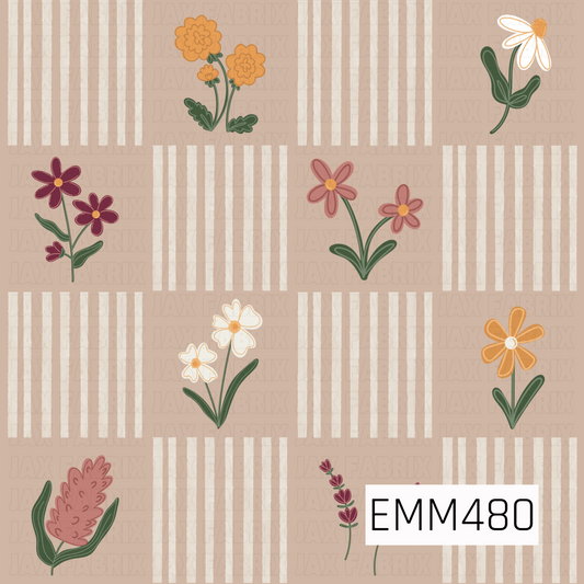 A whimsical hand-drawn pattern featuring assorted burgundy, dusty-rose, golden-orange, and white wildflowers arranged between textured cream stripe panels on a warm beige background.
