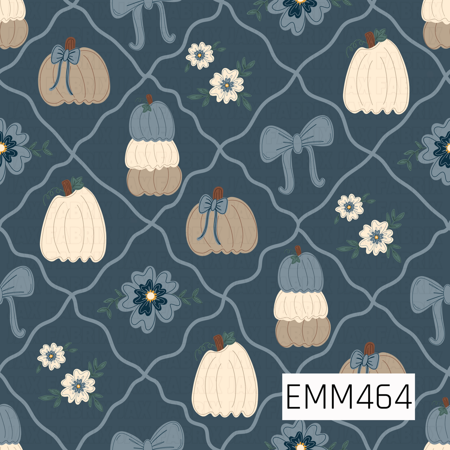 A charming hand-drawn fall pattern featuring cream, taupe, and dusty-blue pumpkins, dainty bows, and coordinating florals arranged over a deep slate-blue lattice background.
