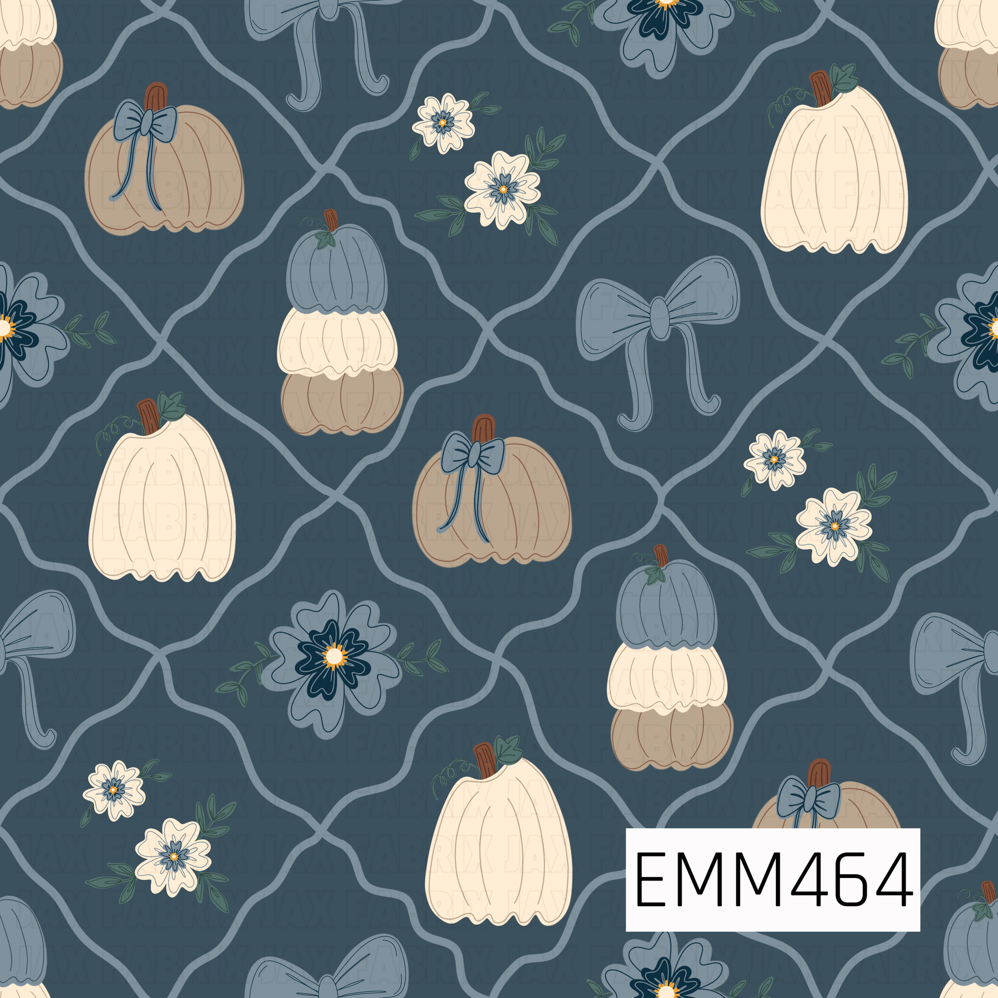 A charming hand-drawn fall pattern featuring cream, taupe, and dusty-blue pumpkins, dainty bows, and coordinating florals arranged over a deep slate-blue lattice background.
