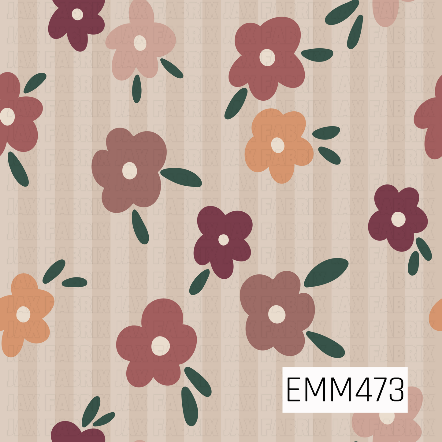 A charming retro floral pattern featuring oversized burgundy, rust, dusty-rose, blush, and peach blossoms with deep green leaves, scattered across a warm cream-striped background.
