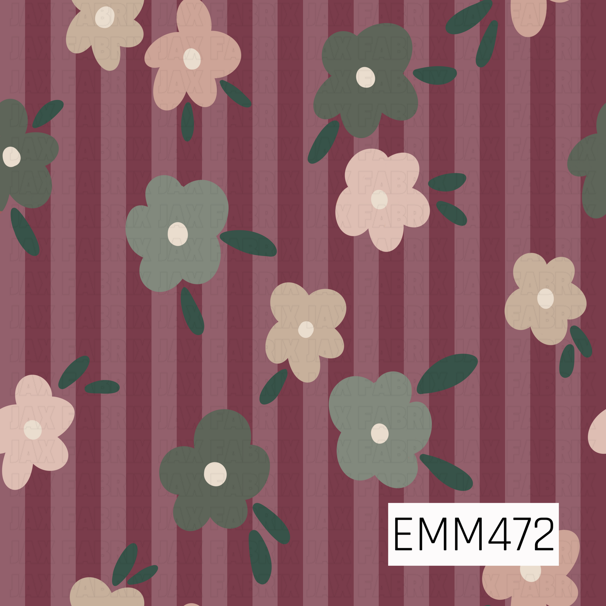 A charming retro floral pattern featuring oversized sage, olive, blush, and cream blossoms with deep green leaves, scattered across a rich berry-striped background.

