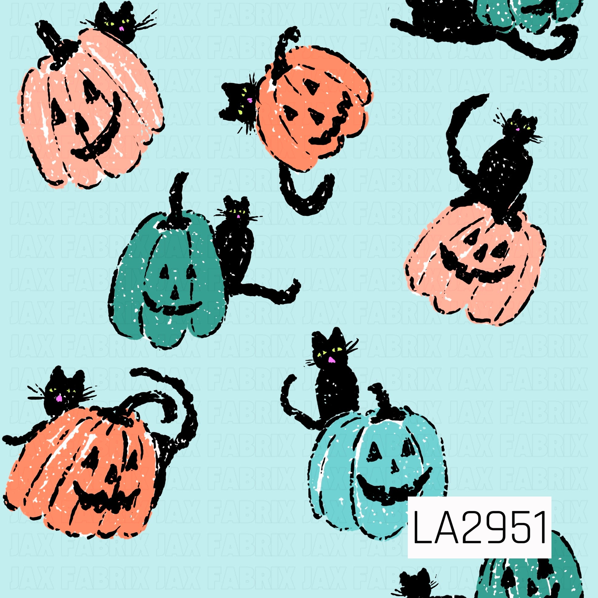 A whimsical seamless pattern featuring hand-drawn smiling jack-o'-lanterns in soft peach, orange, and aqua paired with playful black cats peeking from behind and perched on top of the pumpkins. Set against a light aqua background, this charming sketch-style design captures a fun, vintage-inspired Halloween feel with cheerful seasonal character.
