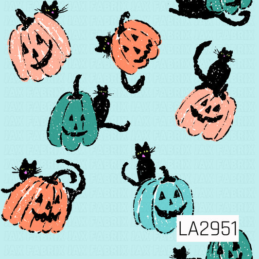 A whimsical seamless pattern featuring hand-drawn smiling jack-o'-lanterns in soft peach, orange, and aqua paired with playful black cats peeking from behind and perched on top of the pumpkins. Set against a light aqua background, this charming sketch-style design captures a fun, vintage-inspired Halloween feel with cheerful seasonal character.
