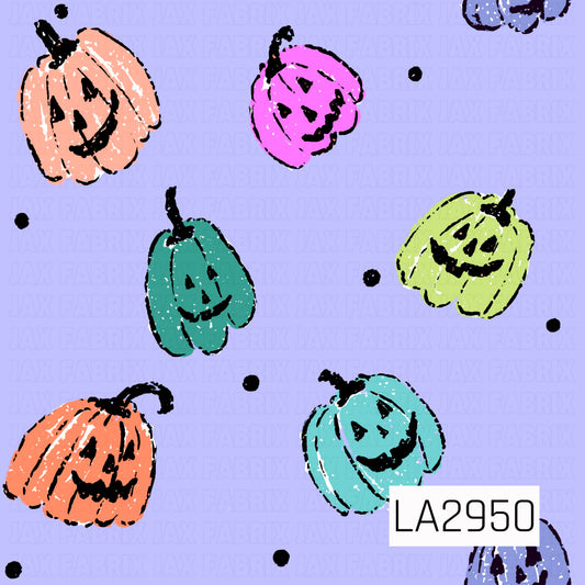A playful seamless pattern featuring hand-drawn smiling jack-o'-lanterns in peach, orange, teal, aqua, lime green, and bright pink scattered across a soft lavender background with tiny black polka dots. The whimsical sketch-style pumpkins and vibrant color palette create a fun, retro-inspired Halloween design with a cheerful and festive seasonal feel.
