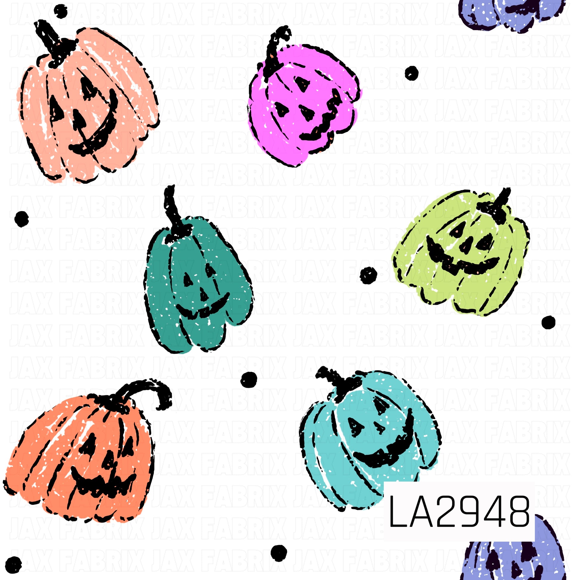 A cheerful seamless pattern featuring hand-drawn smiling jack-o'-lanterns in peach, orange, teal, aqua, lime green, and bright pink scattered across a crisp white background with tiny black polka dots. The whimsical sketch-style pumpkins and playful color palette create a fun, retro-inspired Halloween design with a bright and festive feel.
