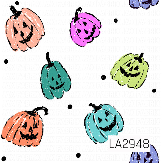 A cheerful seamless pattern featuring hand-drawn smiling jack-o'-lanterns in peach, orange, teal, aqua, lime green, and bright pink scattered across a crisp white background with tiny black polka dots. The whimsical sketch-style pumpkins and playful color palette create a fun, retro-inspired Halloween design with a bright and festive feel.
