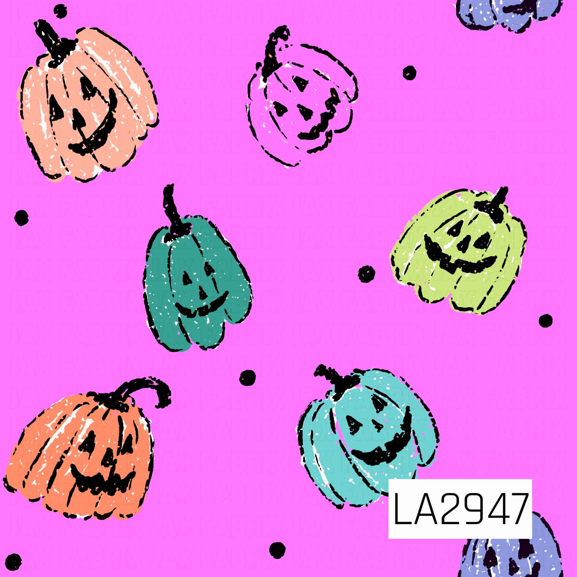 A fun seamless pattern featuring whimsical hand-drawn jack-o'-lanterns in peach, orange, teal, aqua, lime green, and lavender scattered across a bright pink background with playful black polka dots. The colorful pumpkins and sketch-style artwork create a cheerful, retro-inspired Halloween design full of bold seasonal charm.
