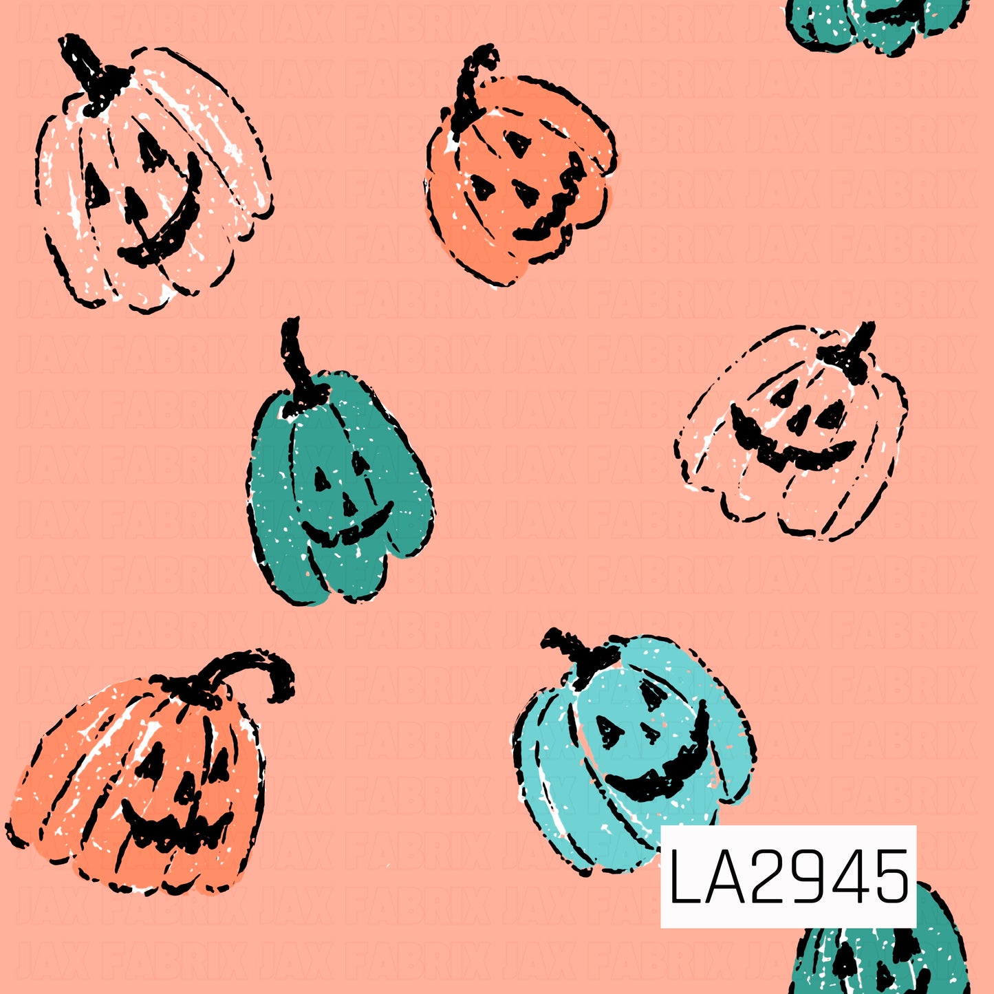 A playful seamless pattern featuring hand-drawn smiling jack-o'-lanterns in soft peach, orange, and aqua scattered across a warm peach background. The sketch-style pumpkins and whimsical expressions create a fun, vintage-inspired Halloween design with a lighthearted and cheerful seasonal feel.
