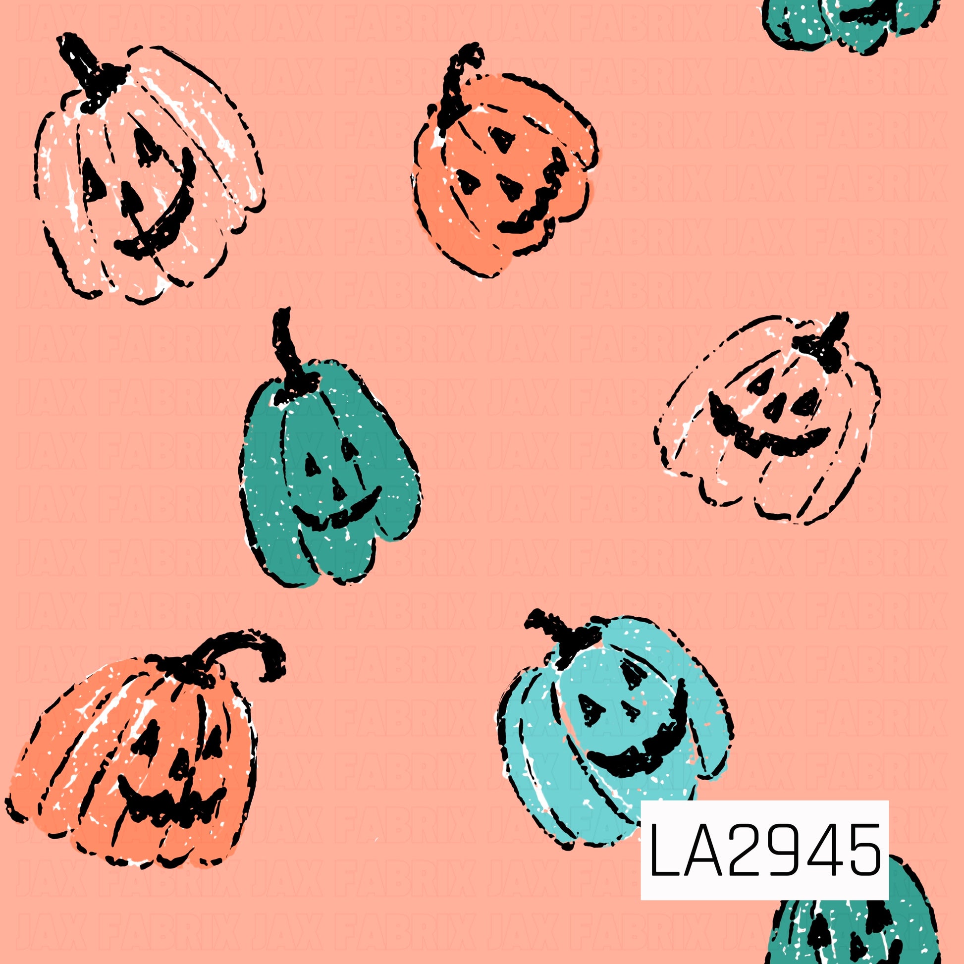 A playful seamless pattern featuring hand-drawn smiling jack-o'-lanterns in soft peach, orange, and aqua scattered across a warm peach background. The sketch-style pumpkins and whimsical expressions create a fun, vintage-inspired Halloween design with a lighthearted and cheerful seasonal feel.

