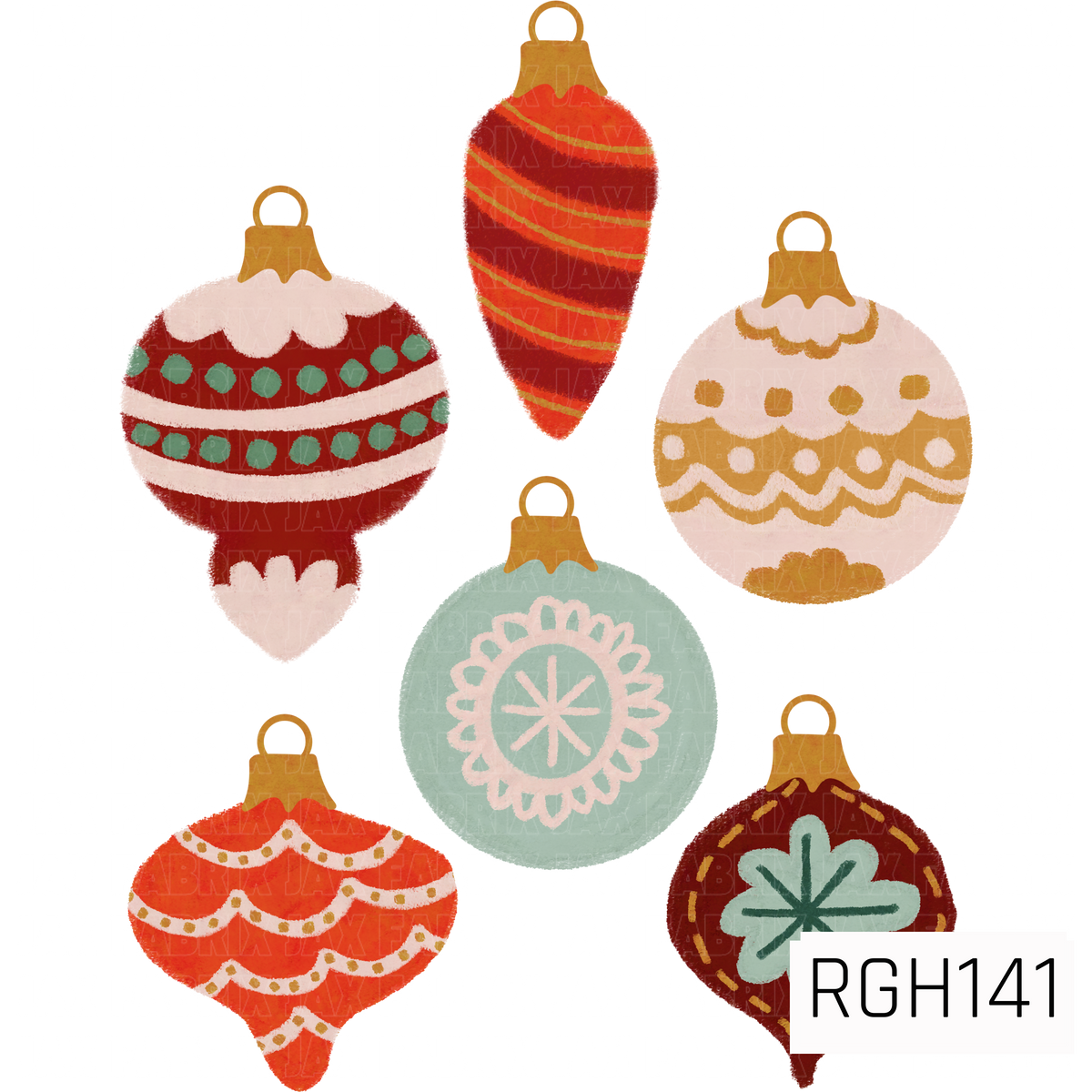 A festive collection of hand-drawn Christmas ornaments in a mix of vintage-inspired shapes and colors. The ornaments feature scallops, stripes, dots, floral details, and decorative accents in red, coral, mustard, mint, cream, and deep green, finished with golden ornament caps.
