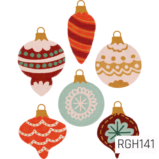 A festive collection of hand-drawn Christmas ornaments in a mix of vintage-inspired shapes and colors. The ornaments feature scallops, stripes, dots, floral details, and decorative accents in red, coral, mustard, mint, cream, and deep green, finished with golden ornament caps.
