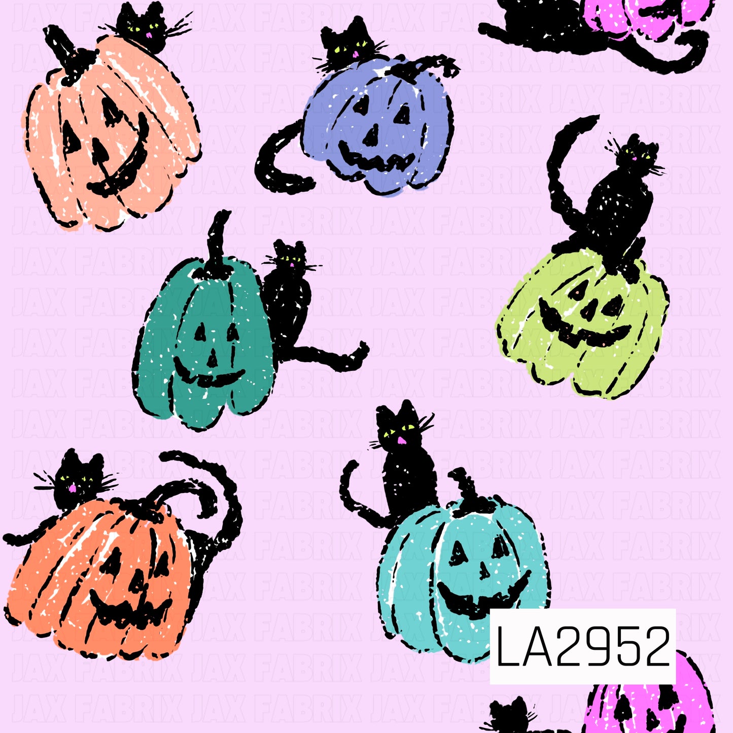 A whimsical Halloween seamless pattern featuring smiling pastel jack-o'-lanterns in peach, lavender, mint, lime, and aqua, each paired with playful black cats. Set against a soft blush pink background, this charming hand-drawn design combines cute spooky vibes with colorful seasonal fun.
