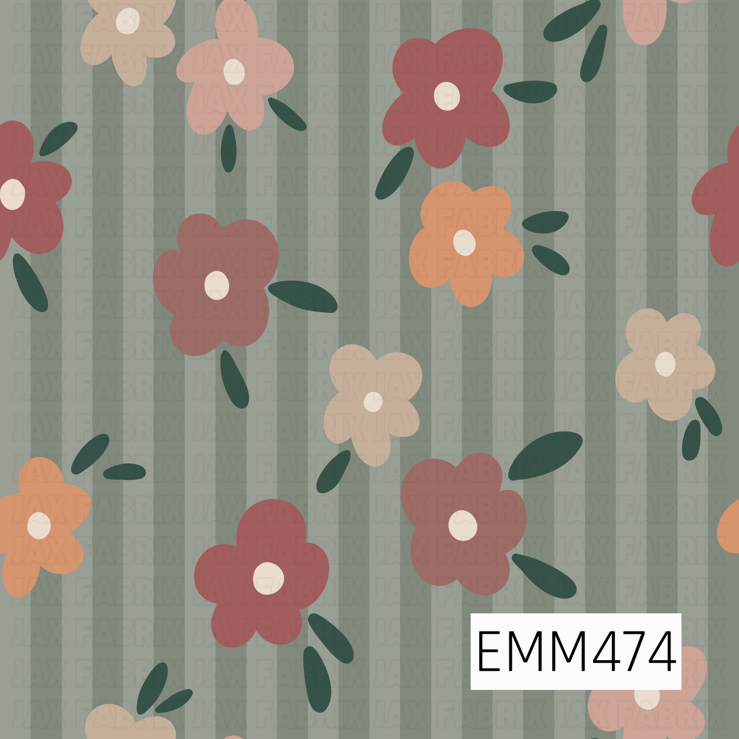 A charming retro floral pattern featuring oversized coral, terracotta, peach, and cream blossoms with deep green leaves, scattered across a soft sage-green striped background.
