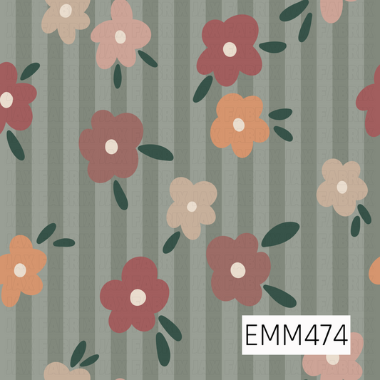 A charming retro floral pattern featuring oversized coral, terracotta, peach, and cream blossoms with deep green leaves, scattered across a soft sage-green striped background.
