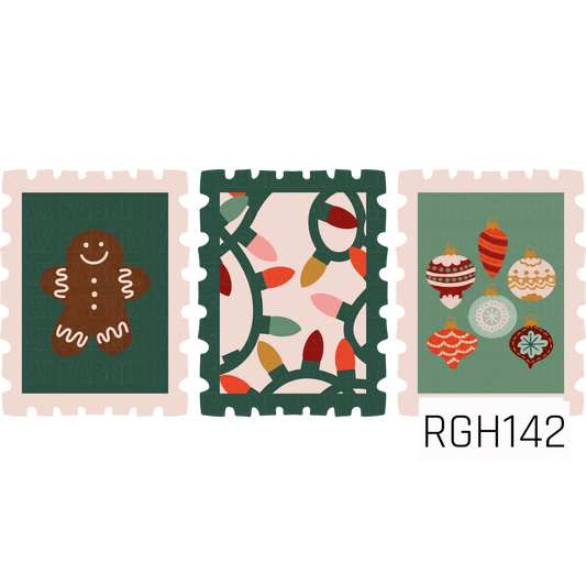 A retro Christmas stamp collection featuring three festive designs. One stamp showcases a smiling gingerbread man, another features a playful tangle of colorful Christmas lights, and the third displays a collection of vintage-inspired ornaments. The palette combines deep green, mint, red, coral, mustard, and soft cream for a cozy nostalgic holiday look.
