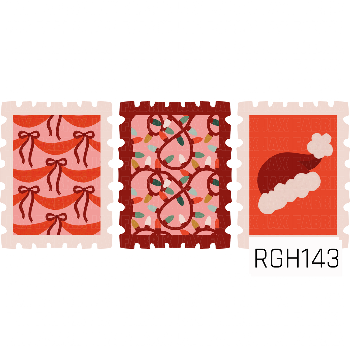 A retro Christmas stamp collection featuring three festive designs. One stamp has repeating red holiday bows and scalloped garland on a soft pink background, another features colorful tangled Christmas lights, and the third showcases a classic Santa hat. Warm reds, coral pink, cream, green, and mustard give the set a playful vintage holiday feel.
