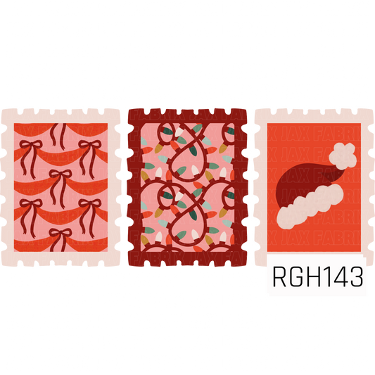 A retro Christmas stamp collection featuring three festive designs. One stamp has repeating red holiday bows and scalloped garland on a soft pink background, another features colorful tangled Christmas lights, and the third showcases a classic Santa hat. Warm reds, coral pink, cream, green, and mustard give the set a playful vintage holiday feel.
