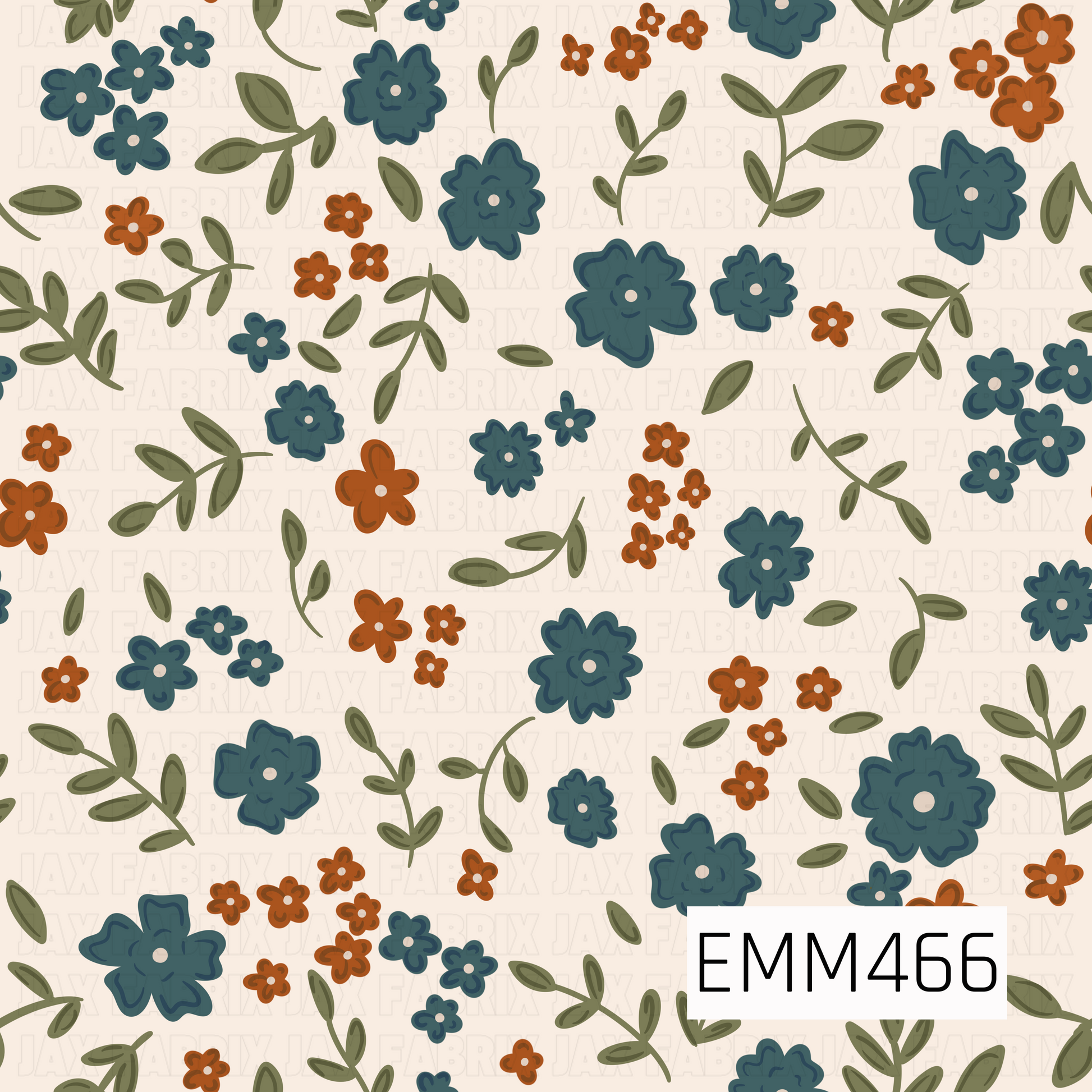 A playful, hand-drawn floral pattern featuring deep navy and burnt-orange blossoms scattered among olive-green leafy sprigs on a warm cream background.
