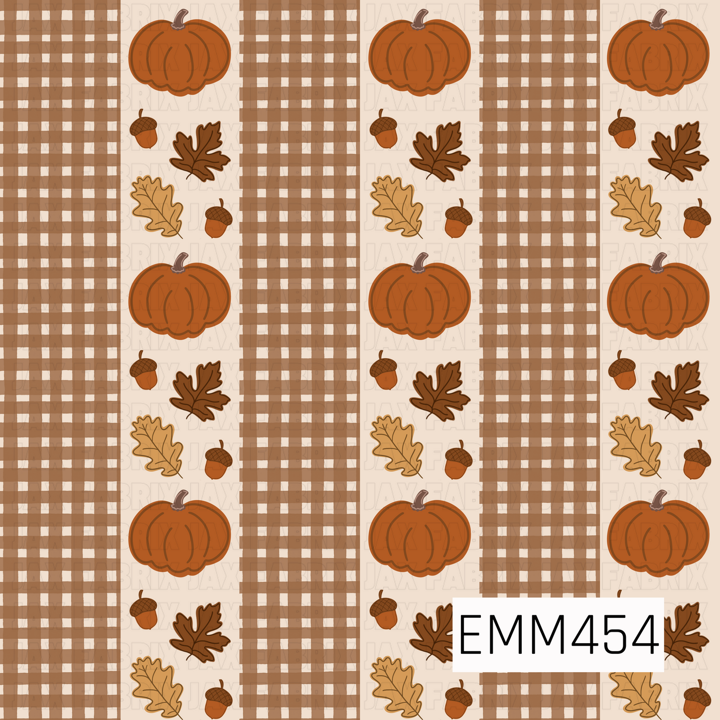 A cozy fall design featuring orange pumpkins, acorns, and autumn leaves arranged between wide warm brown plaid stripes on a soft cream background.
