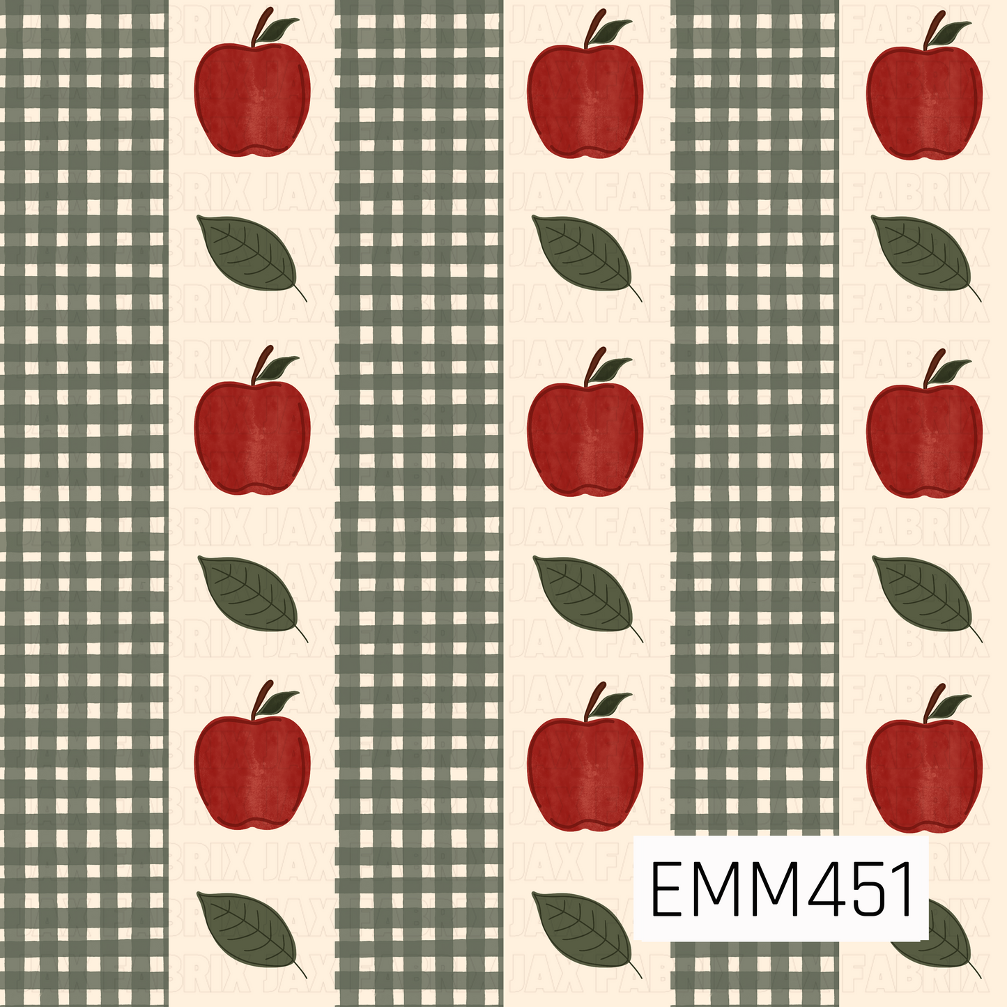 A cozy fall design featuring rich red apples and olive green leaves arranged between wide sage green plaid stripes on a warm cream background. The earthy colors and classic pattern give it a charming autumn feel.
