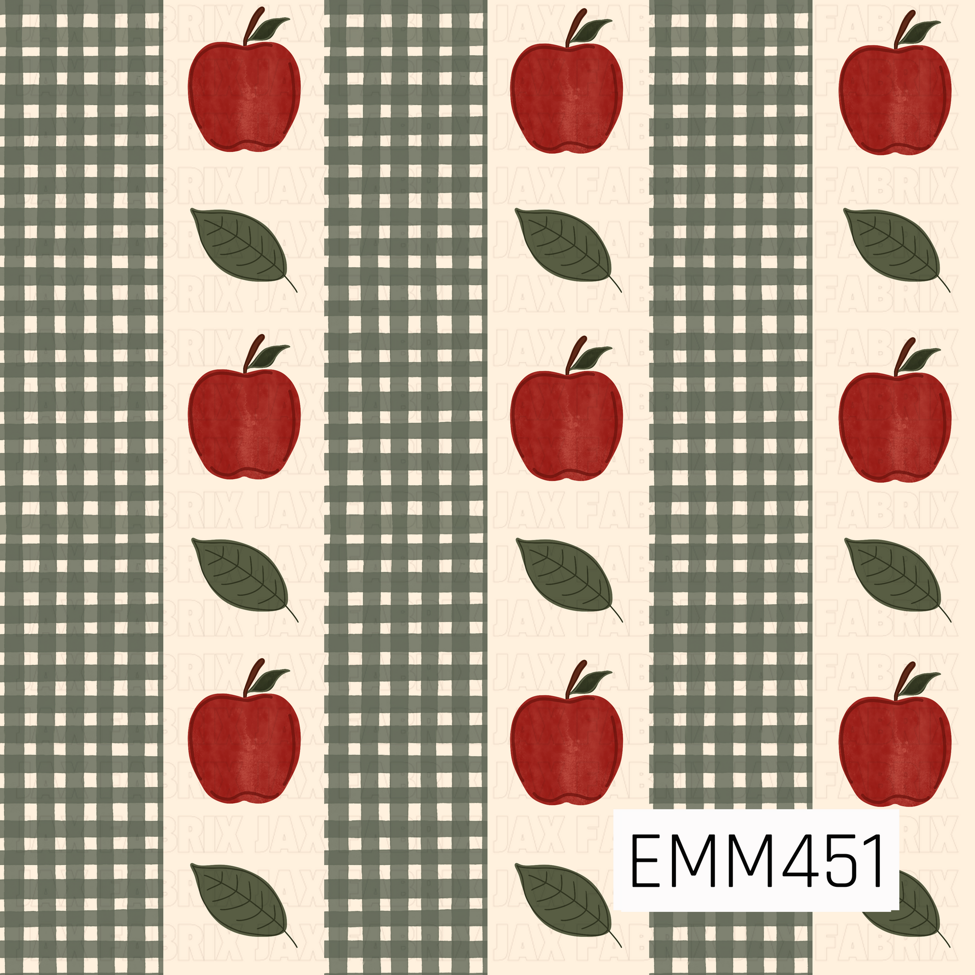 A cozy fall design featuring rich red apples and olive green leaves arranged between wide sage green plaid stripes on a warm cream background. The earthy colors and classic pattern give it a charming autumn feel.
