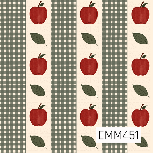 A cozy fall design featuring rich red apples and olive green leaves arranged between wide sage green plaid stripes on a warm cream background. The earthy colors and classic pattern give it a charming autumn feel.
