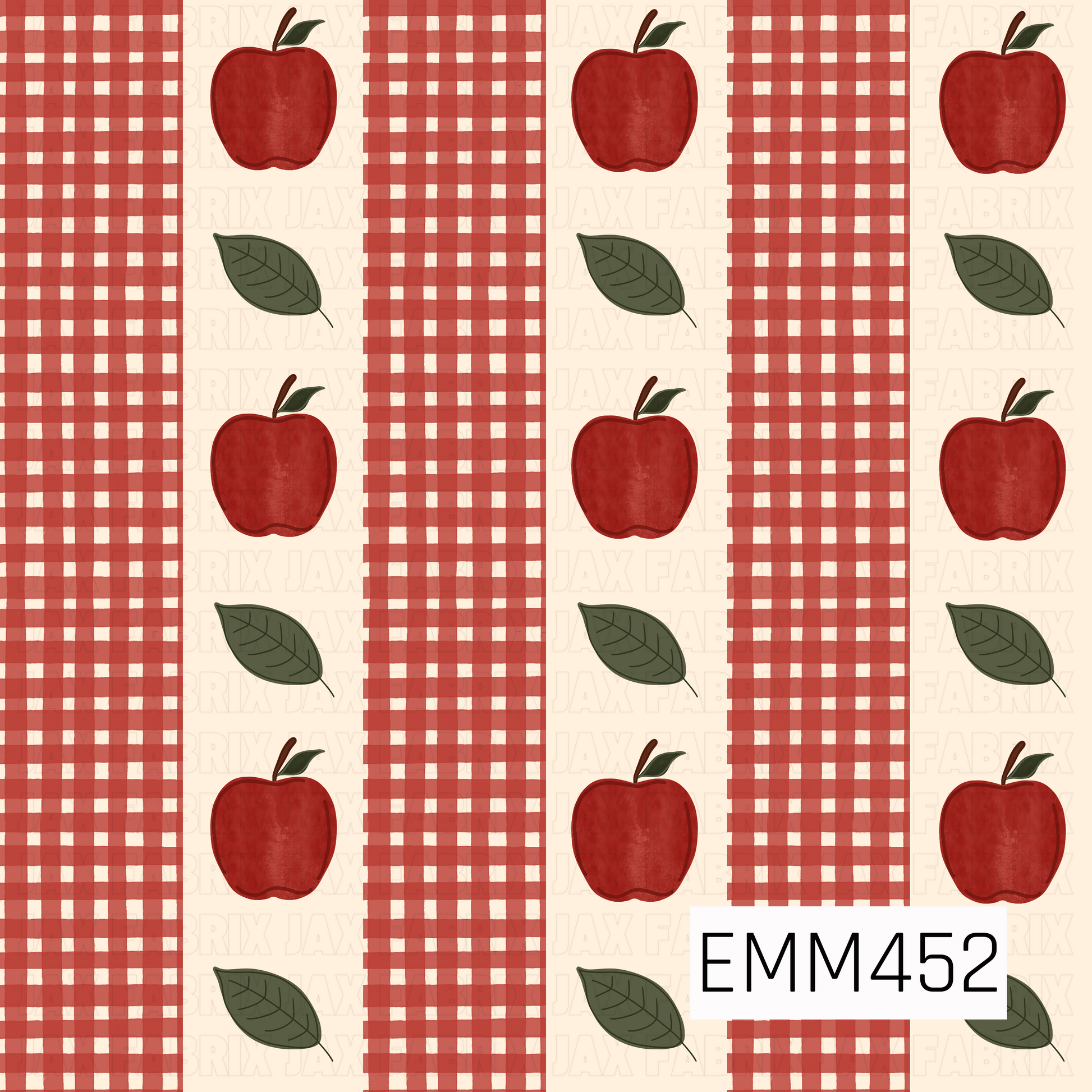 A cozy fall design featuring rich red apples and olive green leaves arranged between wide red plaid stripes on a warm cream background. The warm colors and classic pattern give it a charming autumn feel.

