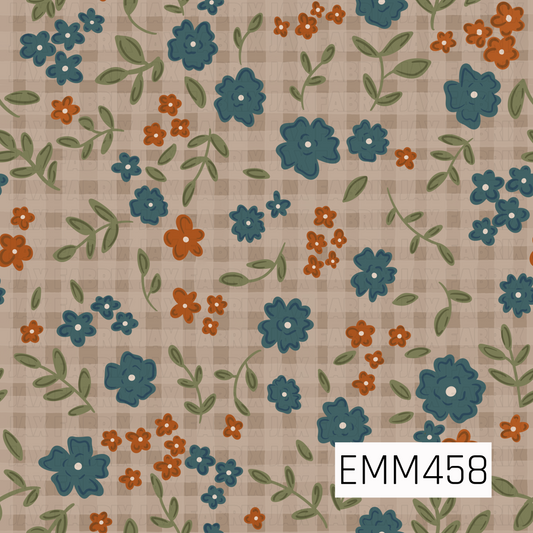 A warm fall floral design featuring deep blue and burnt orange flowers with olive green leafy sprigs scattered over a soft taupe plaid background.
