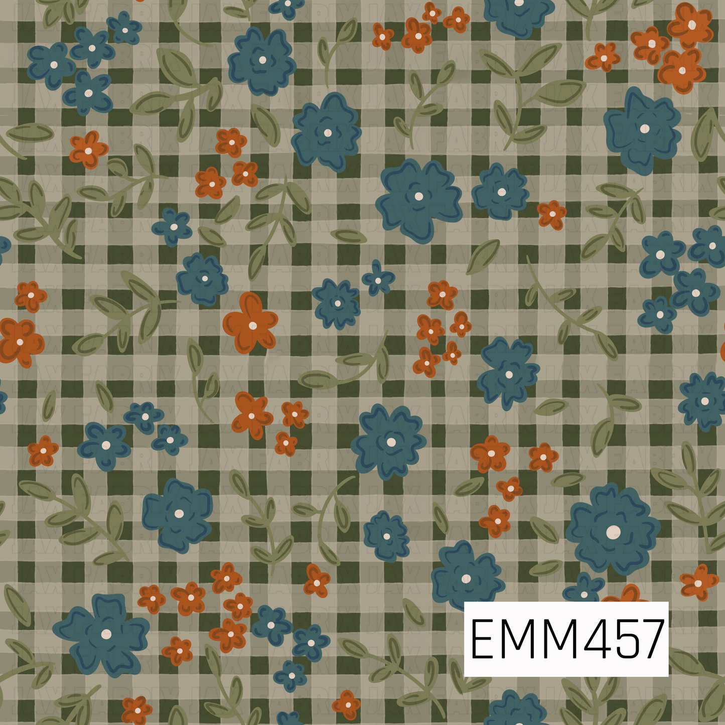 A cozy fall floral design featuring deep blue and burnt orange flowers with olive green leafy sprigs scattered across a sage and cream plaid background.
