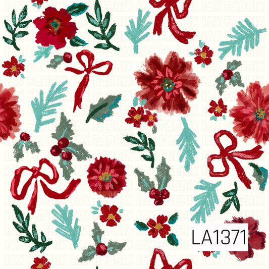 This seamless design features painterly red and burgundy florals mixed with hand-drawn red bows, berries, and scattered botanical sprigs. Deep green and soft teal foliage add contrast against the warm ivory background, giving the pattern a whimsical holiday-inspired look.
