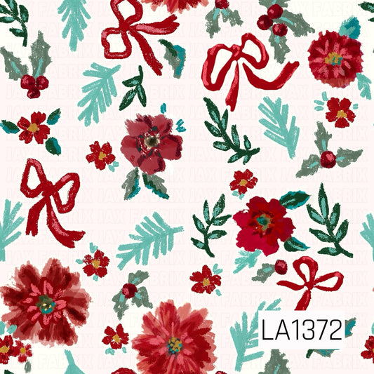 This seamless design features painterly red and burgundy florals paired with whimsical hand-drawn red bows, berries, and scattered greenery. Deep forest green and soft aqua botanical accents pop against the creamy white background, creating a festive, artsy holiday floral pattern.
