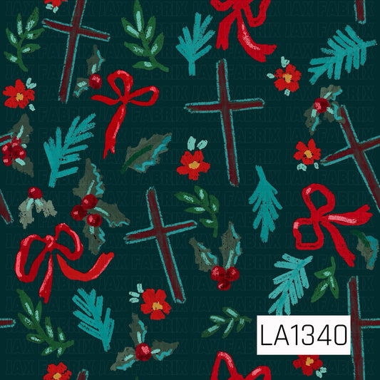 This seamless design features rustic hand-drawn crosses surrounded by bright red bows, holly berries, small red florals and evergreen sprigs on a deep forest green background. Teal, burgundy and vibrant red accents give it a festive, faith-inspired Christmas look.
